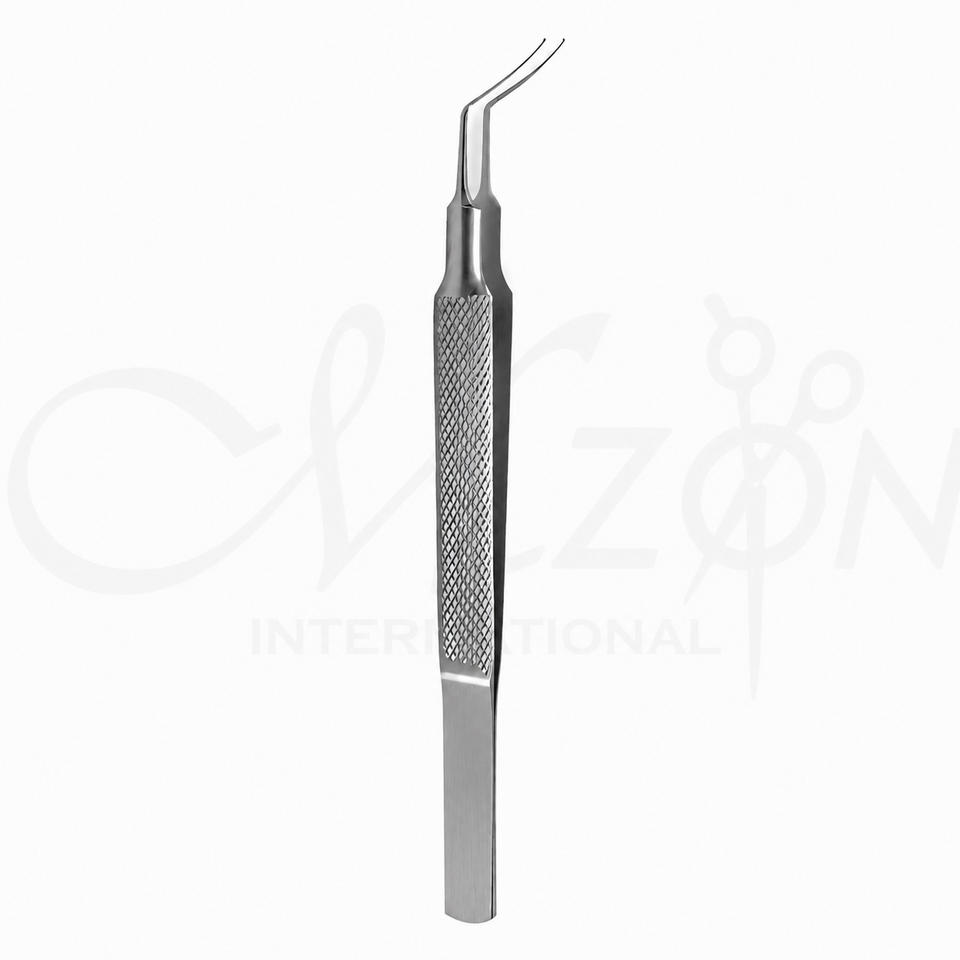 Mizon International Capsulorhexis Forceps featuring fine precision tips, surgical-grade stainless steel construction, slim working profile, ergonomic handling, and professional ophthalmic design.