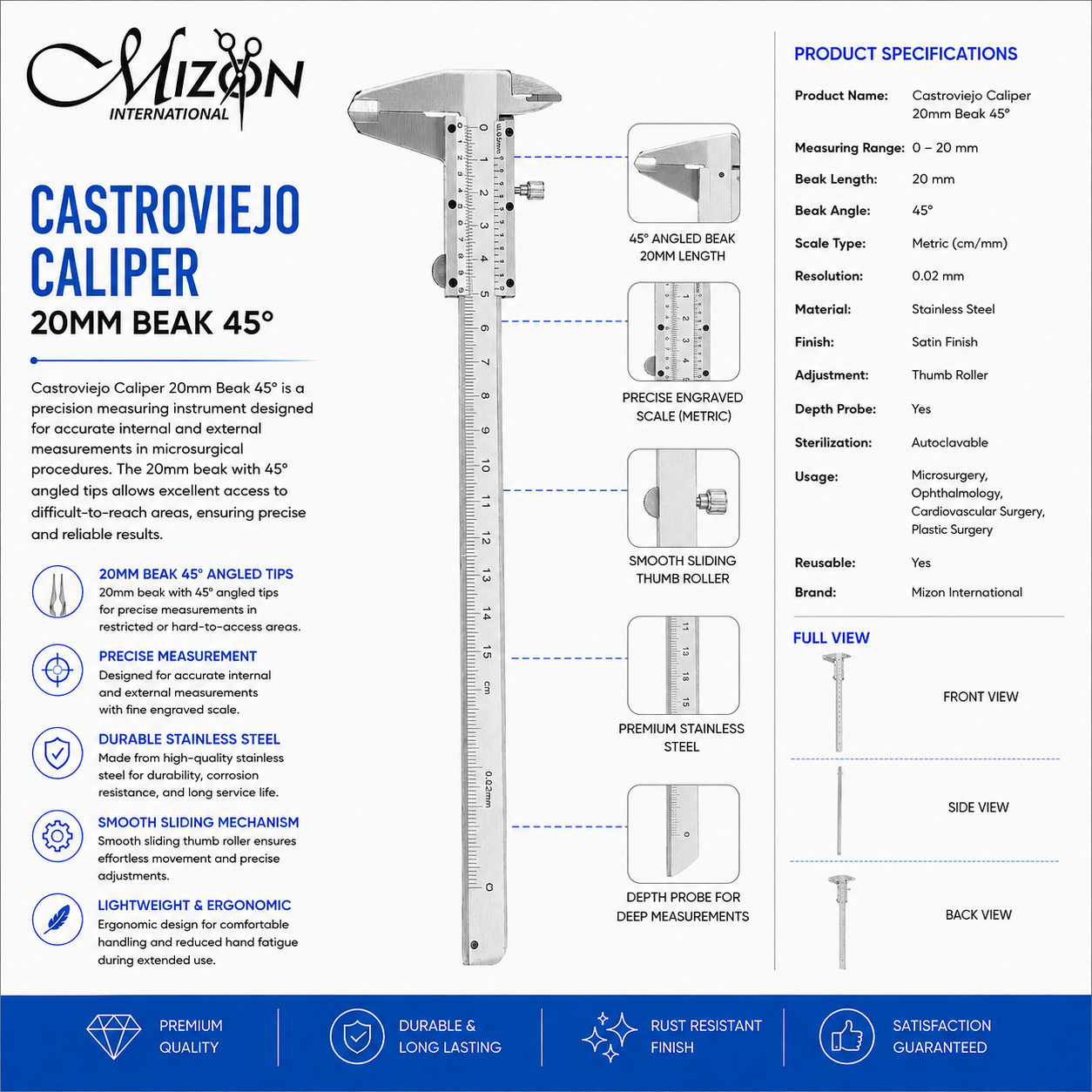 Castroviejo Caliper 20mm Beak 45 Degree Stainless Steel Precision Surgical Measuring Instrument with Metric Scale by Mizon International