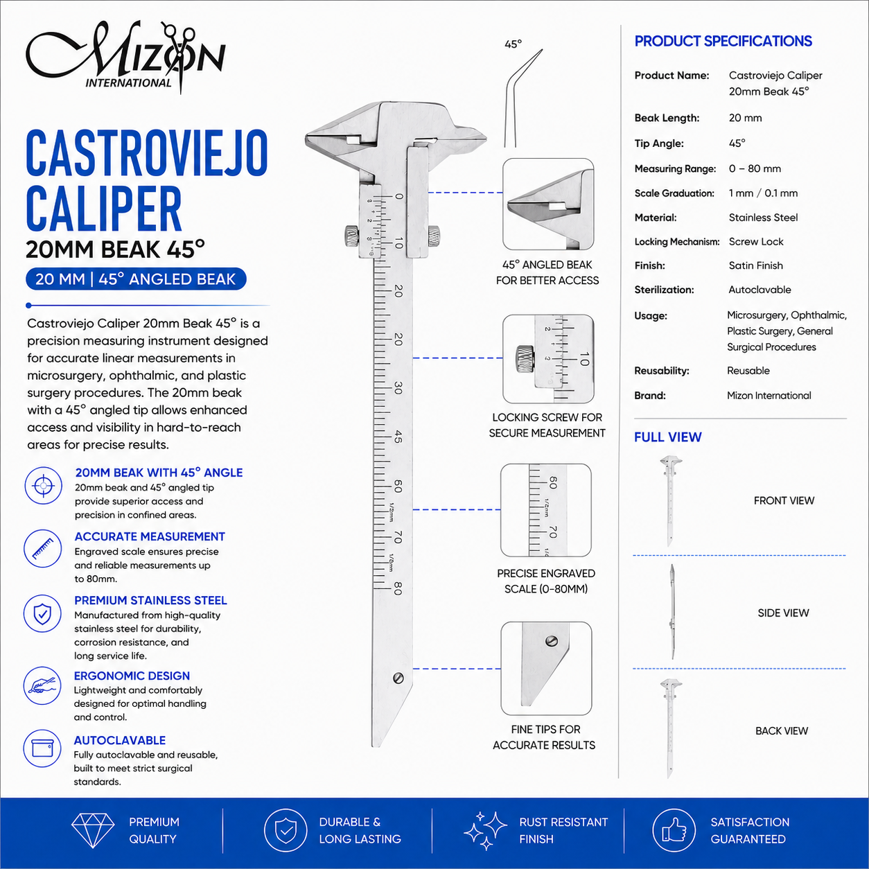 Castroviejo Caliper 20mm Beak 45 Degree Stainless Steel Ophthalmic Surgical Measuring Instrument by Mizon International