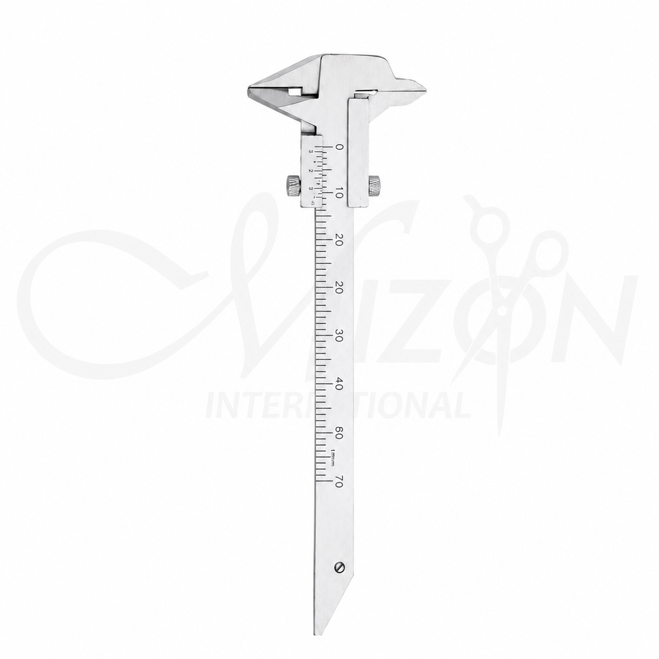 Castroviejo Caliper 20mm Beak 45° made from premium stainless steel with an engraved measuring scale, angled beak, and screw lock for ophthalmic and microsurgical procedures by Mizon International.