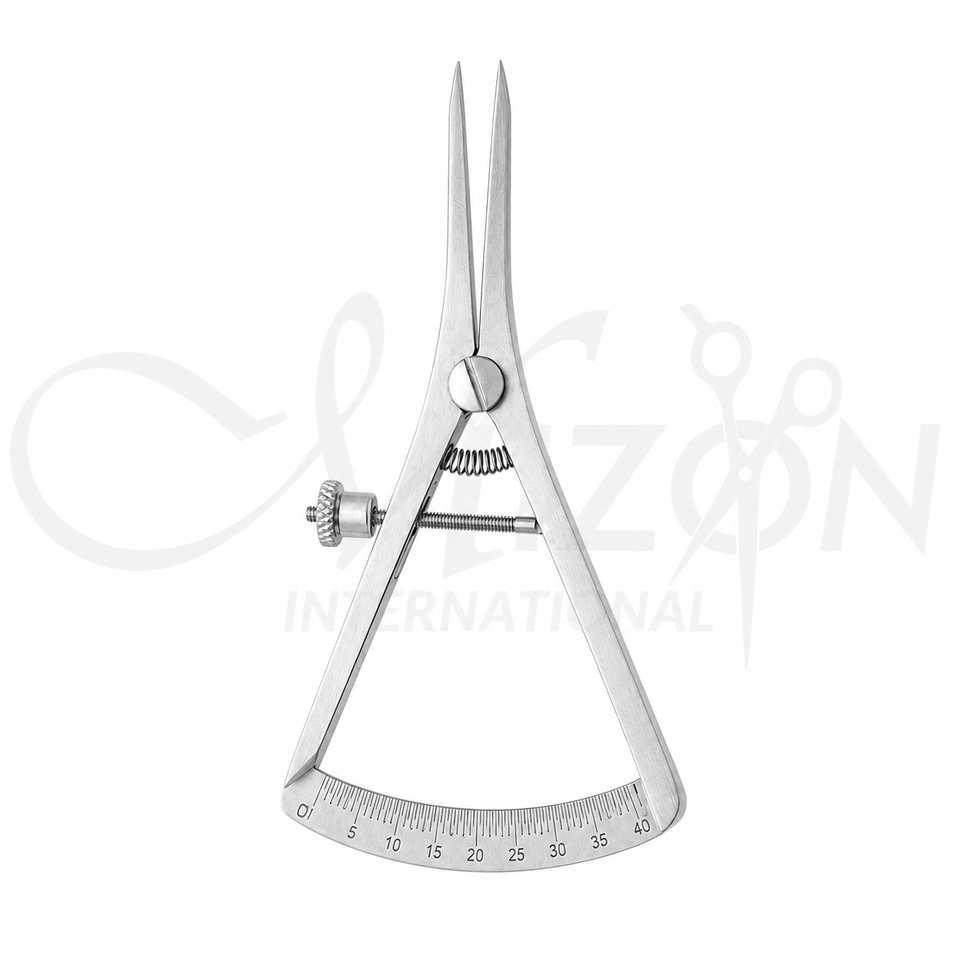 Castroviejo Caliper 3½ inch Straight 40mm made from premium stainless steel with fine straight tips, screw adjustment mechanism, and graduated measuring scale by Mizon International.