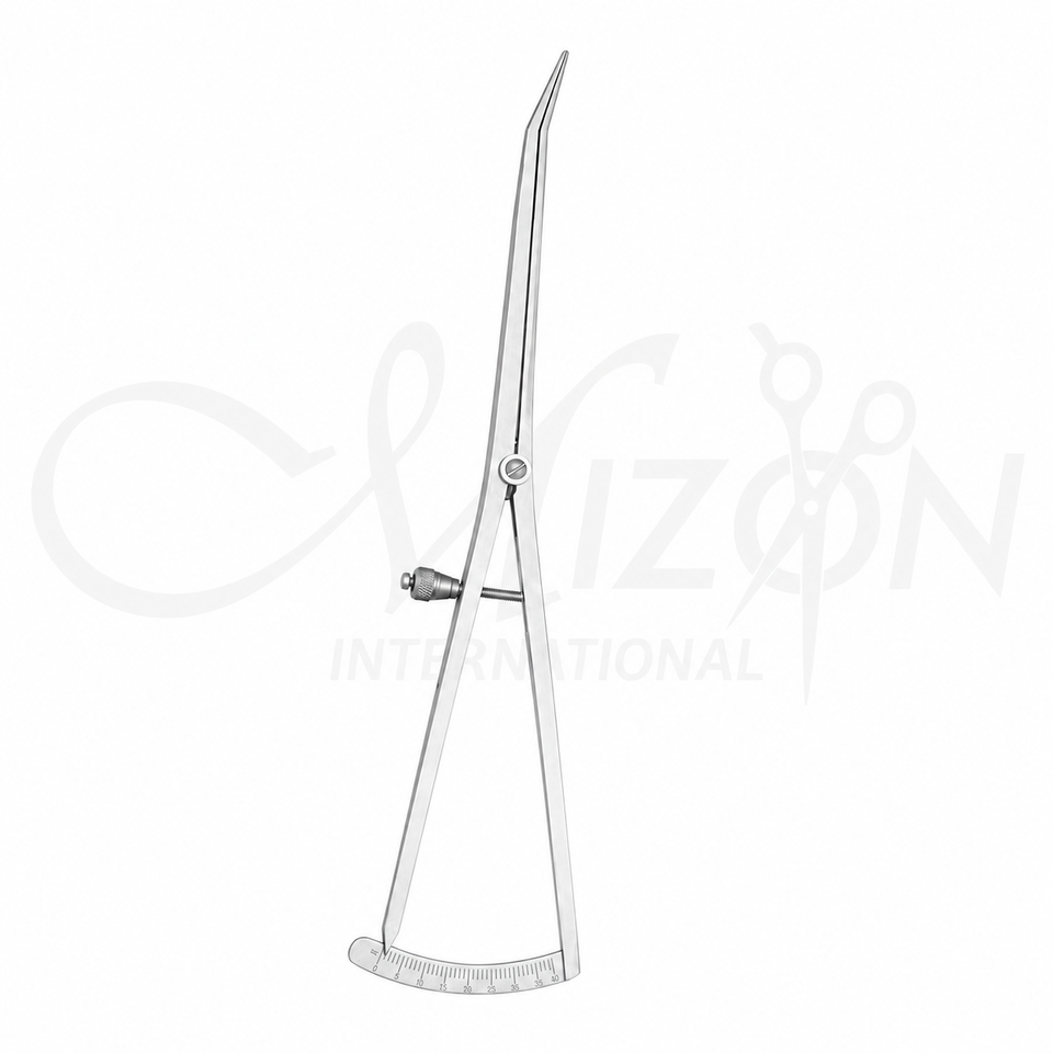 Castroviejo Caliper Angled 18 cm made from premium stainless steel with 45-degree angled tips, engraved measuring scale, and screw lock for ophthalmic microsurgery by Mizon International.