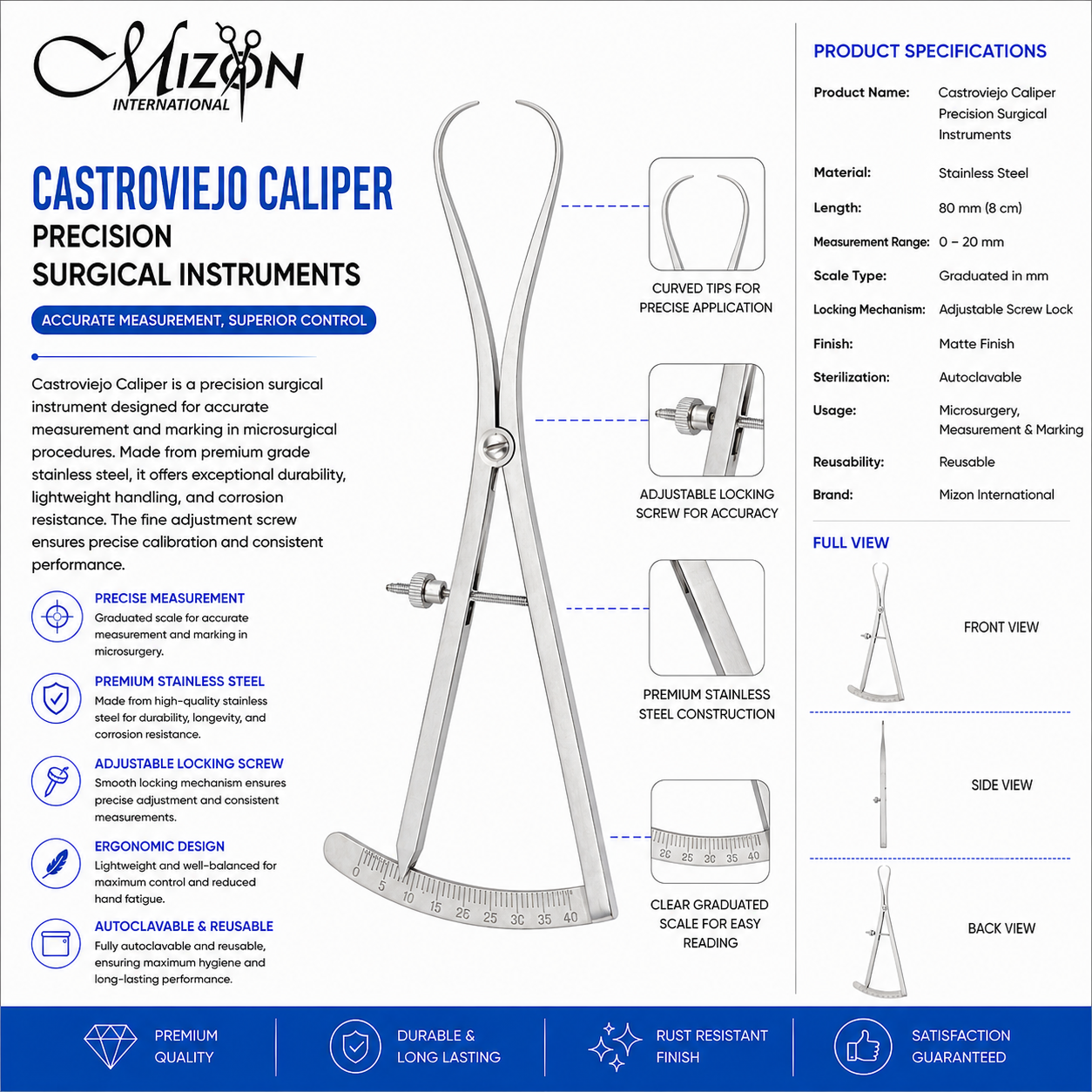 Castroviejo Caliper Precision Surgical Instrument Stainless Steel Adjustable Measuring Caliper by Mizon International