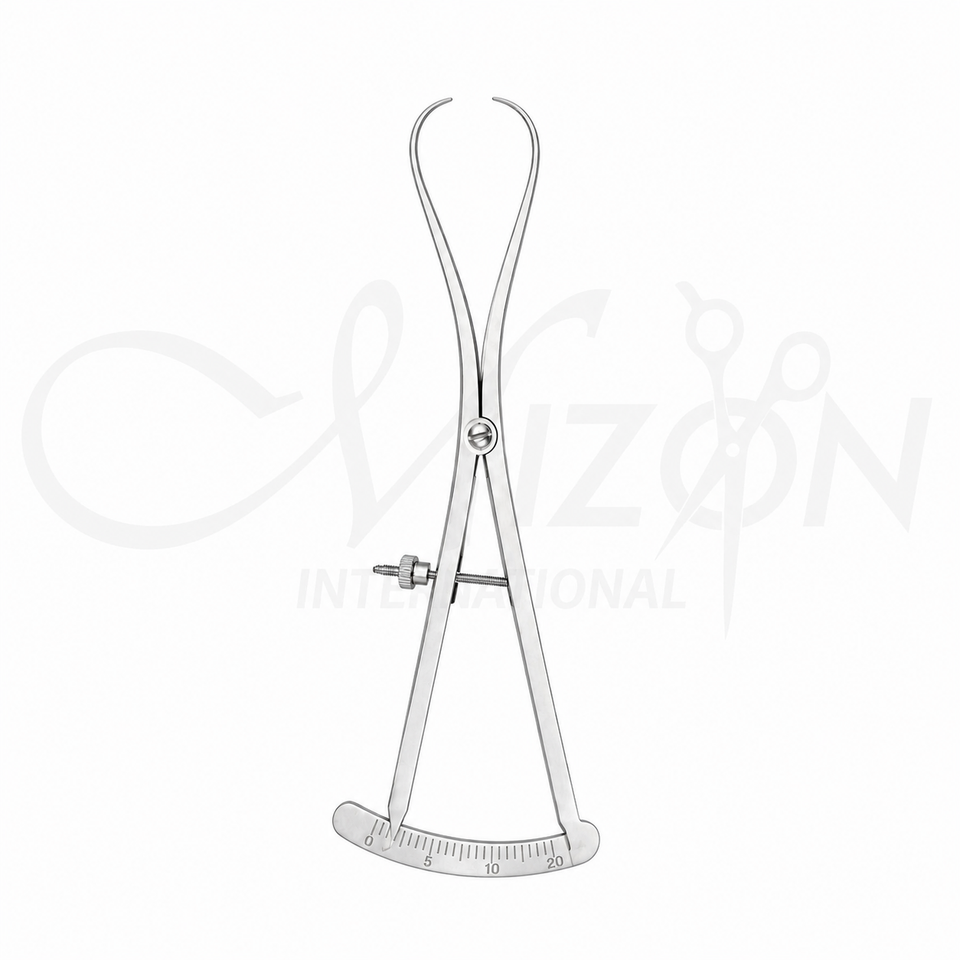 Castroviejo Caliper Precision Surgical Instrument made from premium stainless steel with curved tips, adjustable screw lock, and graduated measuring scale for microsurgery by Mizon International.