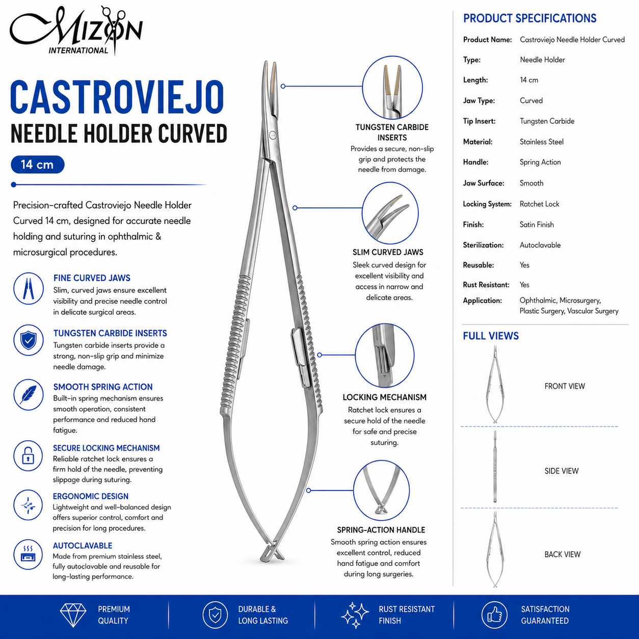 Castroviejo Needle Holder Curved 14 cm Tungsten Carbide Surgical Instrument by Mizon International
