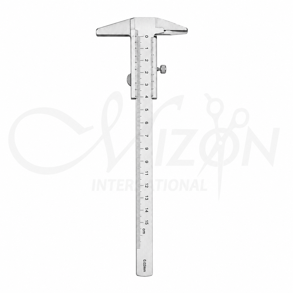 Castroviejo Orthopedic Measuring Caliper 20mm made from premium stainless steel with precision metric scale, fine adjustment screw, and measuring beak for orthopedic surgery by Mizon International.