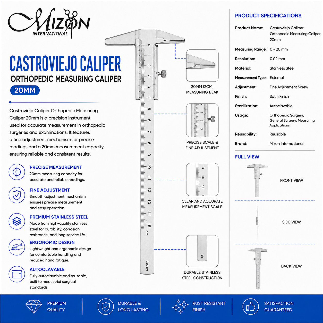 Castroviejo Orthopedic Measuring Caliper 20mm Stainless Steel Precision Surgical Instrument with Fine Adjustment Screw by Mizon International
