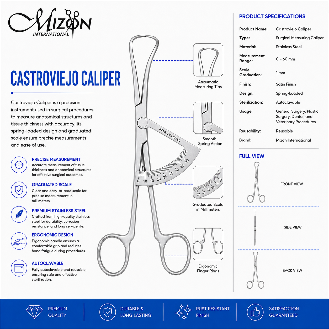 Castroviejo Surgical Measuring Caliper Stainless Steel Spring Loaded Measuring Instrument with Graduated Scale by Mizon International
