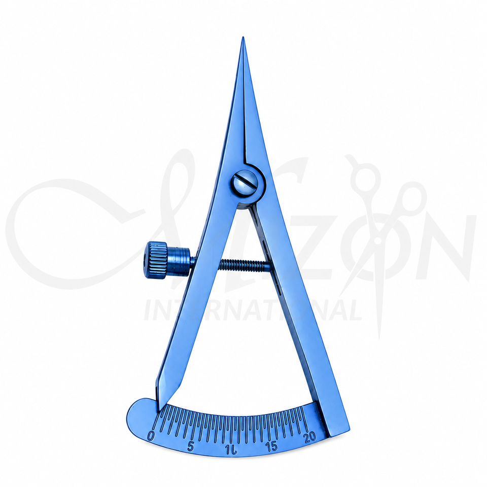 Castroviejo Titanium Caliper made from anodized blue titanium with precision measuring tips, adjustable screw lock, and graduated scale for ophthalmic and microsurgical procedures by Mizon International.