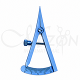 Castroviejo Titanium Caliper made from anodized blue titanium with precision measuring tips, adjustable screw lock, and graduated scale for ophthalmic and microsurgical procedures by Mizon International.