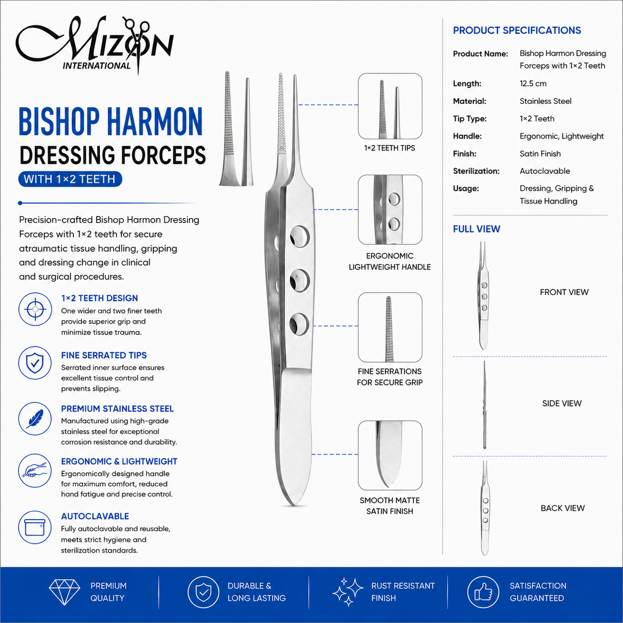Bishop Harmon Dressing Forceps 12.5 cm | 1×2 Teeth Stainless Steel Ophthalmic Surgical Instrument