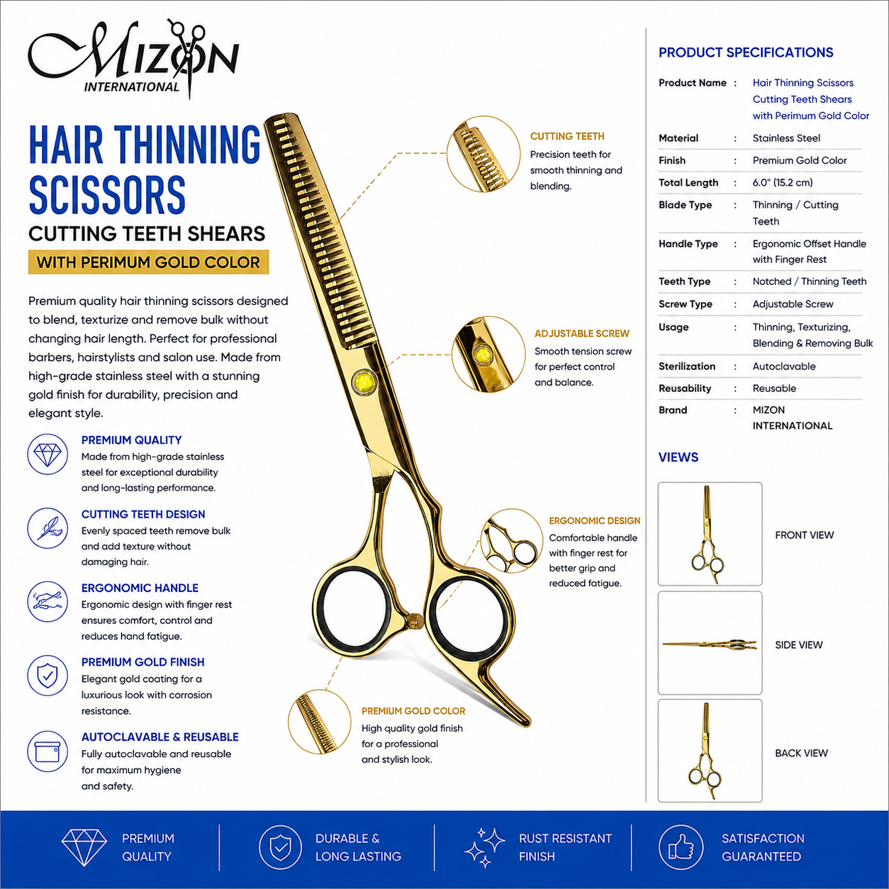 Professional Hair Thinning Scissors Cutting Teeth Shears – Premium Gold Stainless Steel Barber Salon Texturizing Scissors