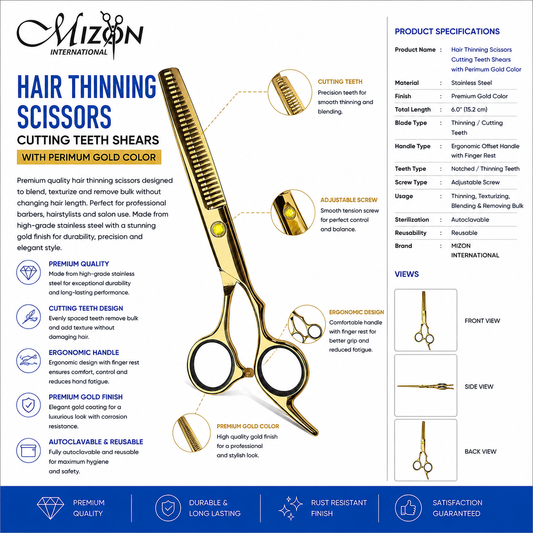Professional Hair Thinning Scissors Cutting Teeth Shears – Premium Gold Stainless Steel Barber Salon Texturizing Scissors