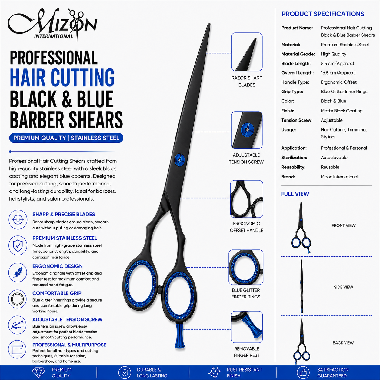 Professional Hair Cutting Black & Blue Barber Shears – Premium Stainless Steel Hair Scissors | Razor Sharp Salon & Barber Shears