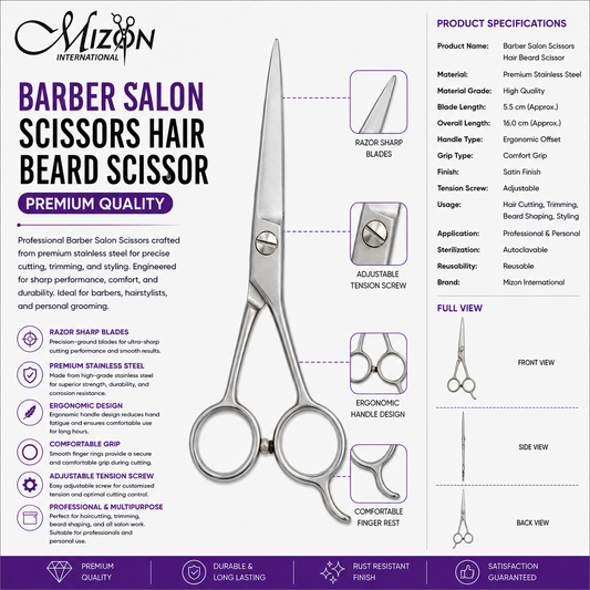 Professional Barber Salon Hair & Beard Scissors – Premium Stainless Steel Hair Cutting Shears | Razor Sharp Professional Barber Scissors