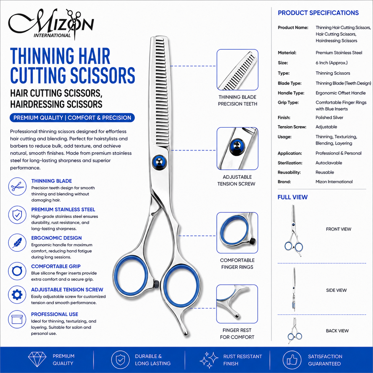 Professional Thinning Hair Cutting Scissors – 6 Inch Premium Stainless Steel Hairdressing Texturizing Shears | Barber & Salon Thinning Scissors