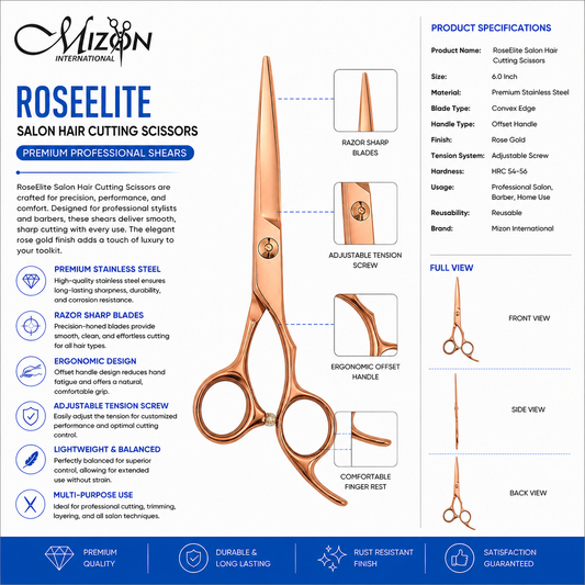 Rose Gold Professional Hair Cutting Scissors – Premium Stainless Steel Barber Salon Hairdressing Shears | Razor Sharp 6 Inch Hair Cutting Scissors