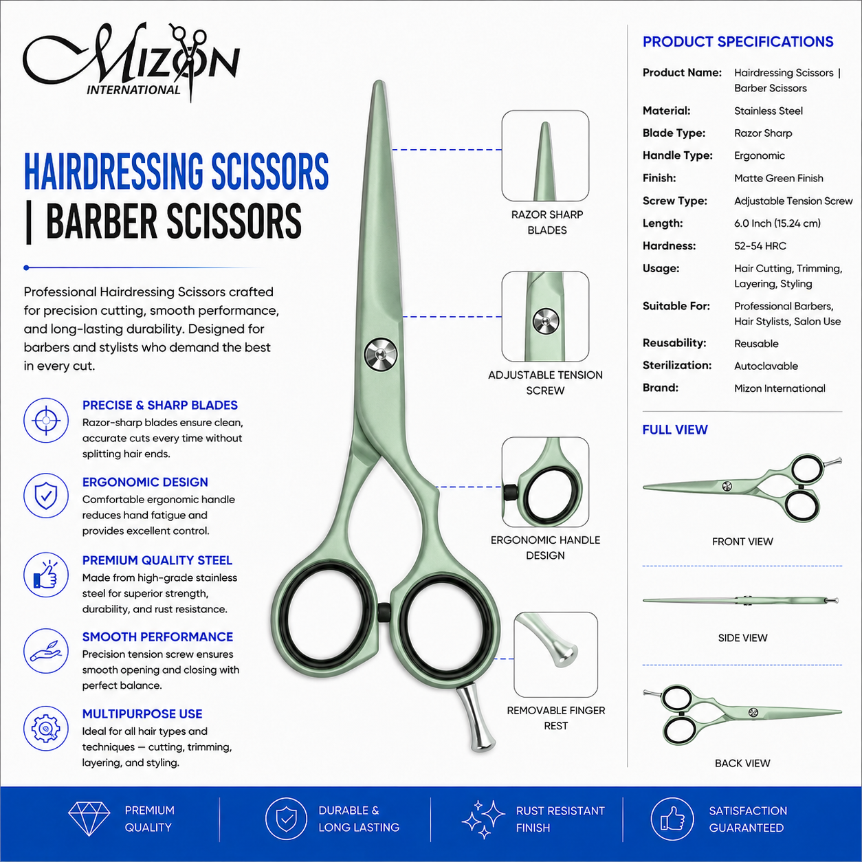 Professional Hairdressing Scissors | 6.0 Inch Barber Hair Cutting Shears | Premium Stainless Steel Salon Scissors | Ergonomic Razor Edge