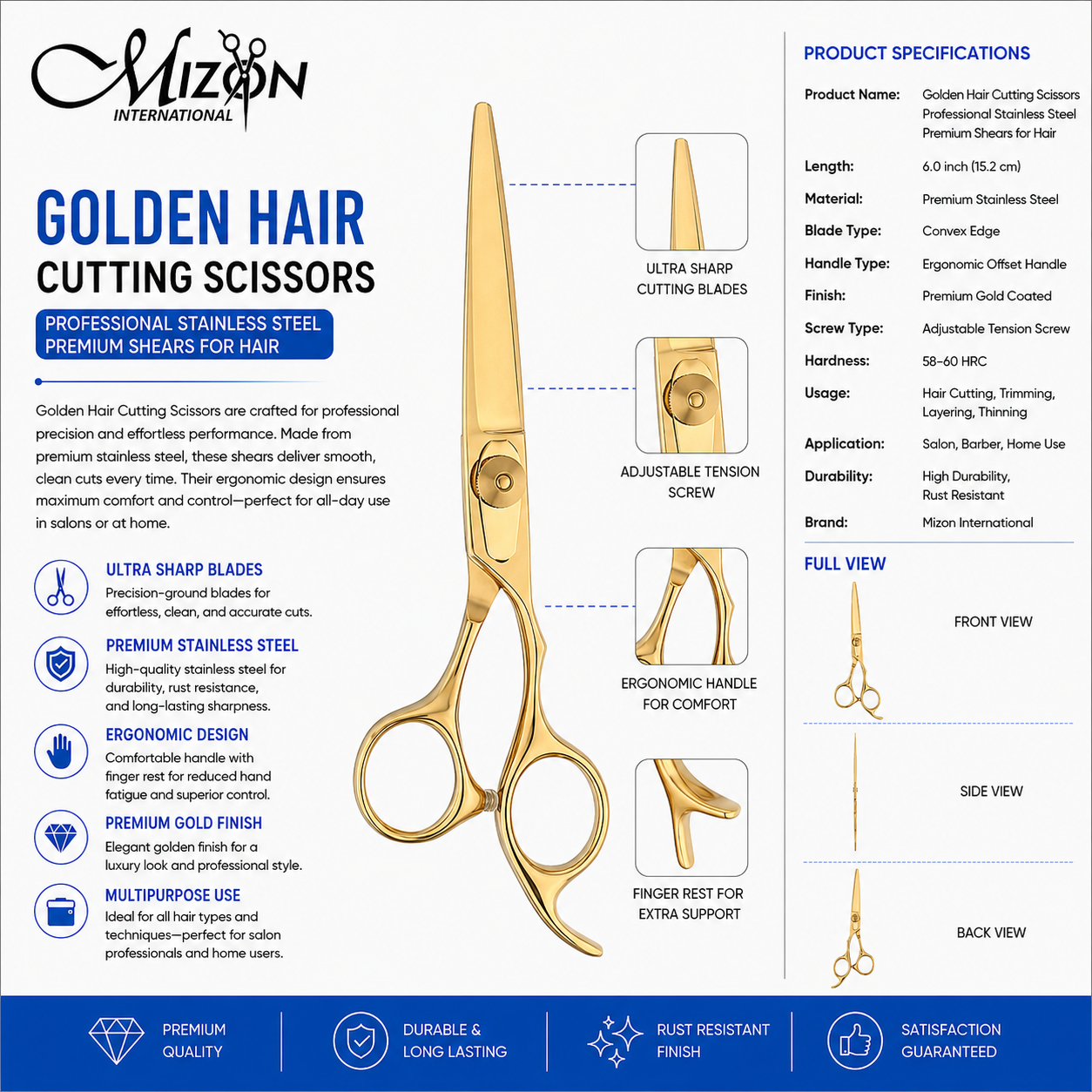Golden Hair Cutting Scissors 6.0 Inch – Professional Premium Stainless Steel Barber & Salon Shears | Mizon International