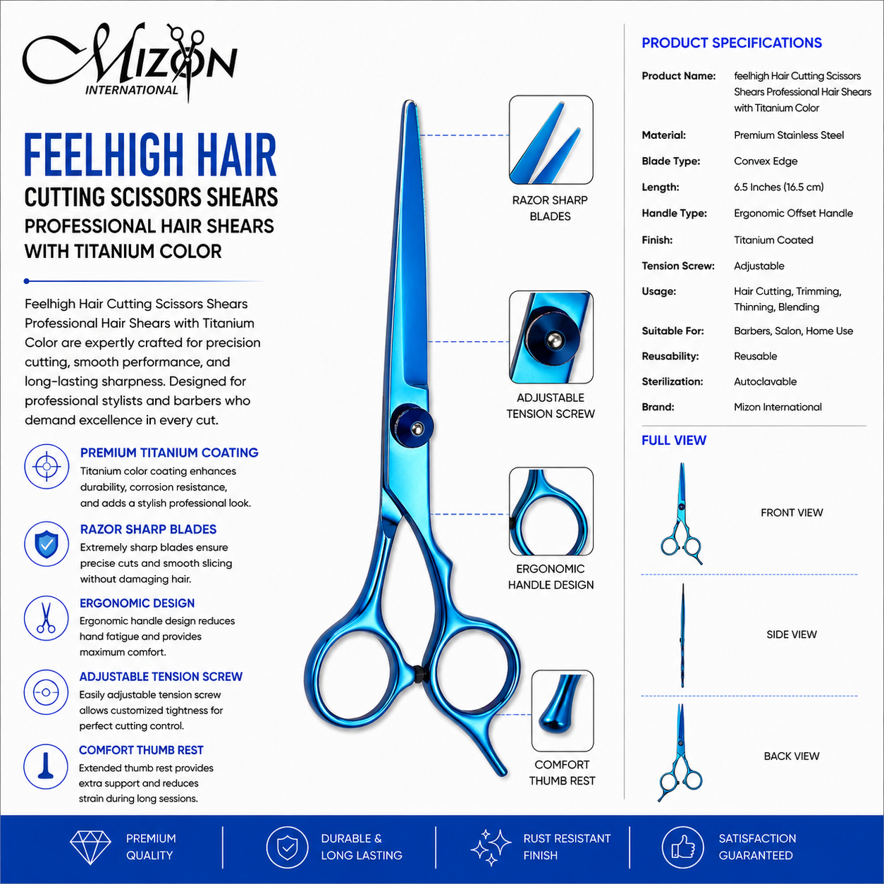 FeelHigh Hair Cutting Scissors 6.5 Inch Titanium Coated Professional Barber Shears | Premium Stainless Steel Salon Scissors | Mizon International