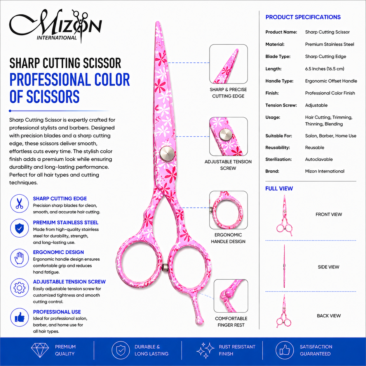 Pink Floral Hair Cutting Scissors 6.5 Inch – Professional Stainless Steel Barber & Salon Shears | Mizon International
