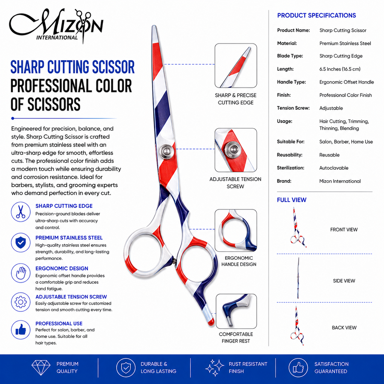 Professional Hair Cutting Scissors 6.5 Inch Red White Blue Barber Shears – Premium Stainless Steel Salon Scissors | Mizon International