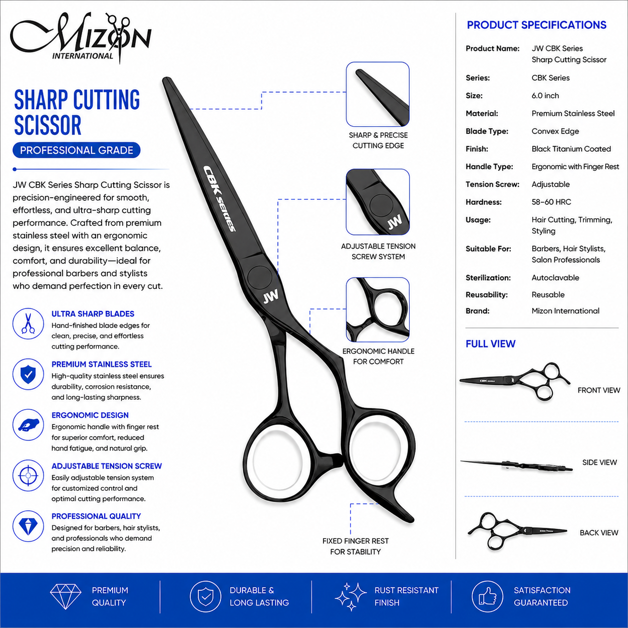 JW CBK Series 6.0 Inch Black Titanium Hair Cutting Scissors – Professional Stainless Steel Barber & Salon Shears | Mizon International