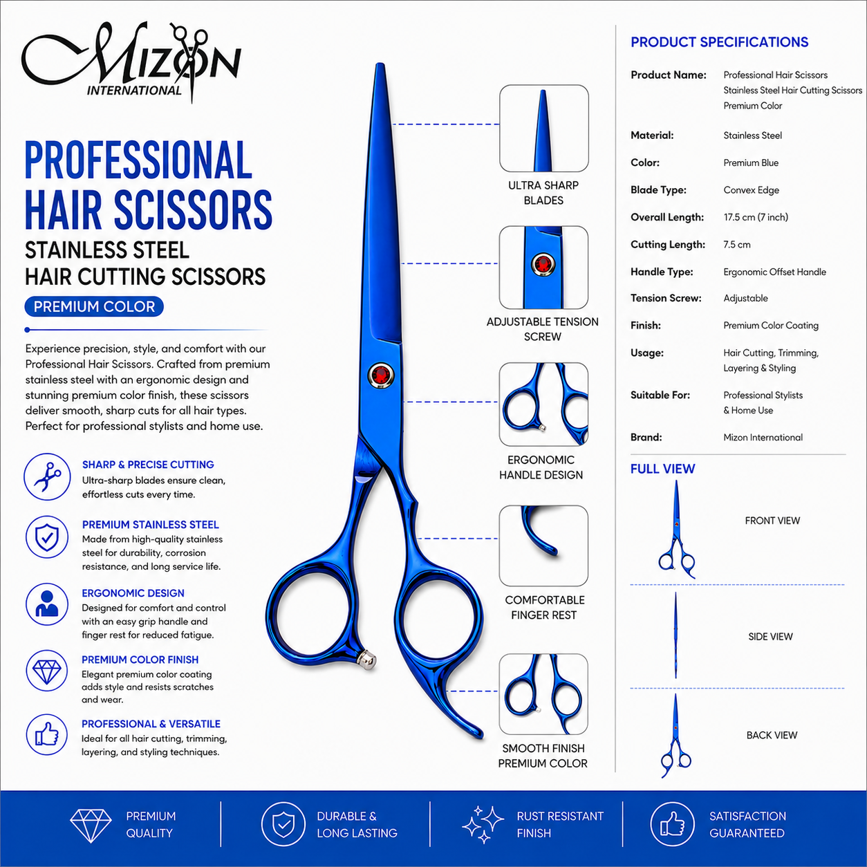 Professional Blue Hair Cutting Scissors 7 Inch – Premium Stainless Steel Barber & Salon Shears | Convex Edge Hair Scissors | Mizon International