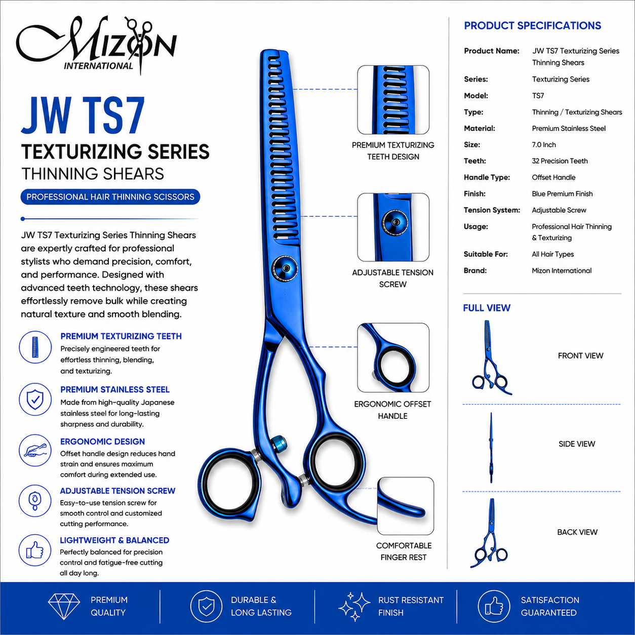 JW TS7 Texturizing Thinning Shears 7 Inch – Professional Stainless Steel Hair Texturizing Scissors | Blue Offset Handle | Mizon International
