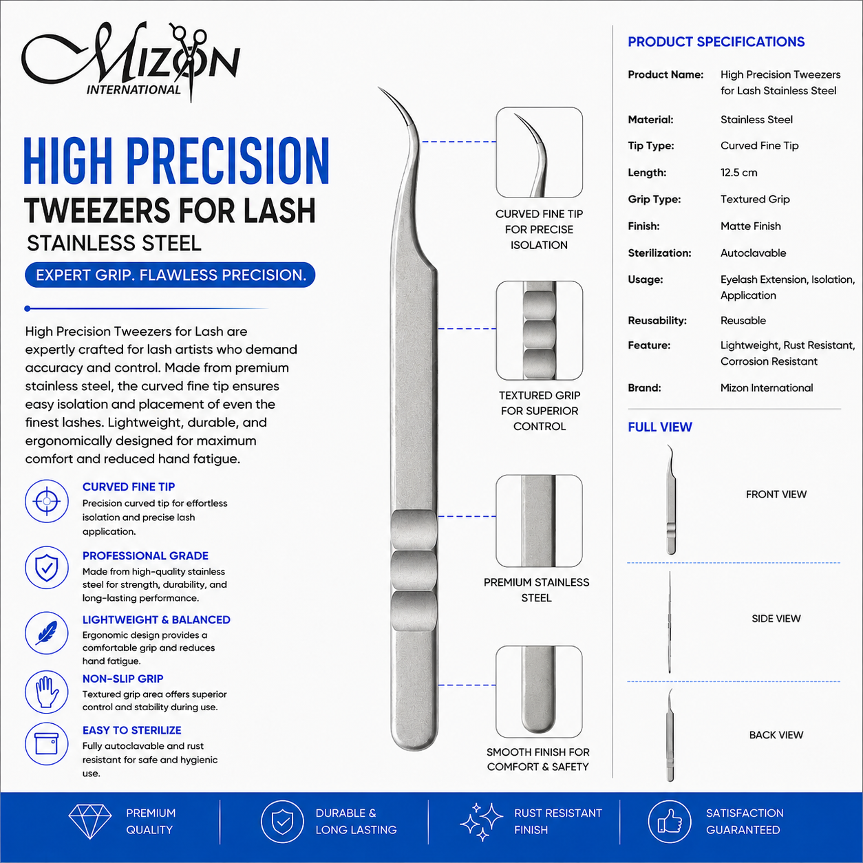 High Precision Curved Lash Tweezers 12.5cm – Professional Stainless Steel Eyelash Extension Isolation Tweezers | Mizon International