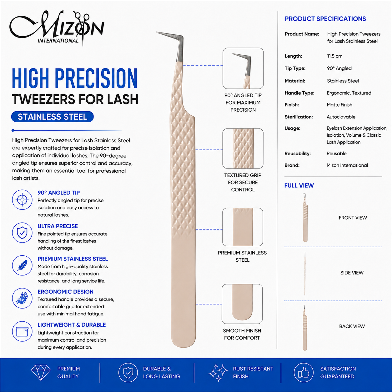 90° Precision Lash Extension Tweezers 11.5cm – Professional Stainless Steel Eyelash Isolation Tweezers | Mizon International