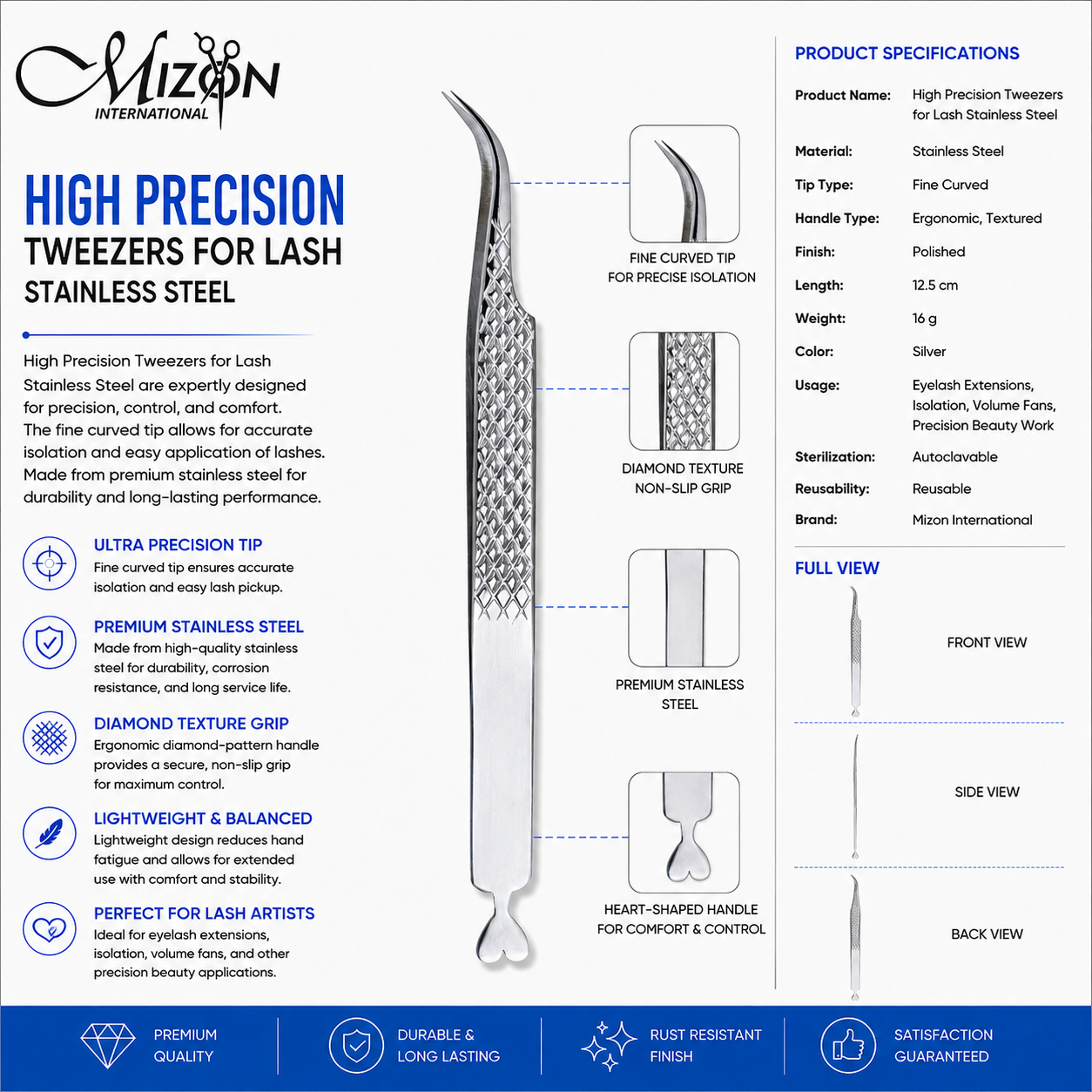 High Precision Curved Lash Tweezers 12.5cm – Professional Stainless Steel Eyelash Extension Tweezers | Diamond Grip | Mizon International