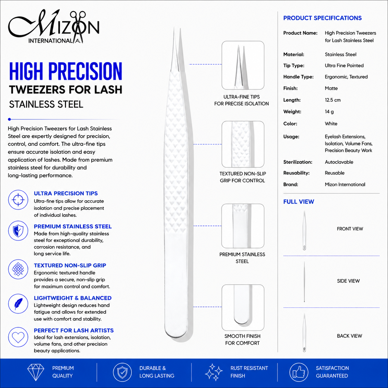 High Precision White Lash Tweezers 12.5cm – Professional Stainless Steel Eyelash Extension Tweezers | Ultra Fine Tip | Mizon International