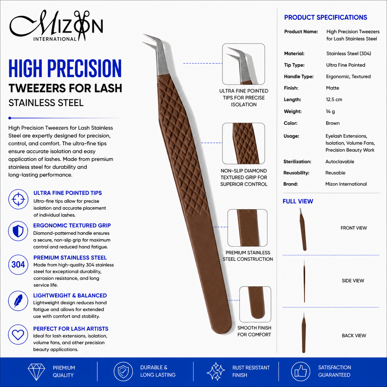 High Precision Brown Lash Tweezers 12.5cm – 304 Stainless Steel Eyelash Extension Tweezers | Ultra Fine Curved Tip | Mizon International