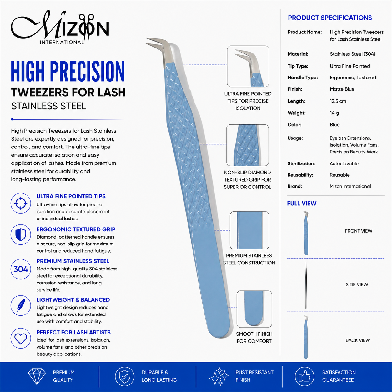 High Precision Blue Lash Tweezers 12.5cm – Professional 304 Stainless Steel Eyelash Extension Tweezers | Ultra Fine Curved Tip | Mizon International