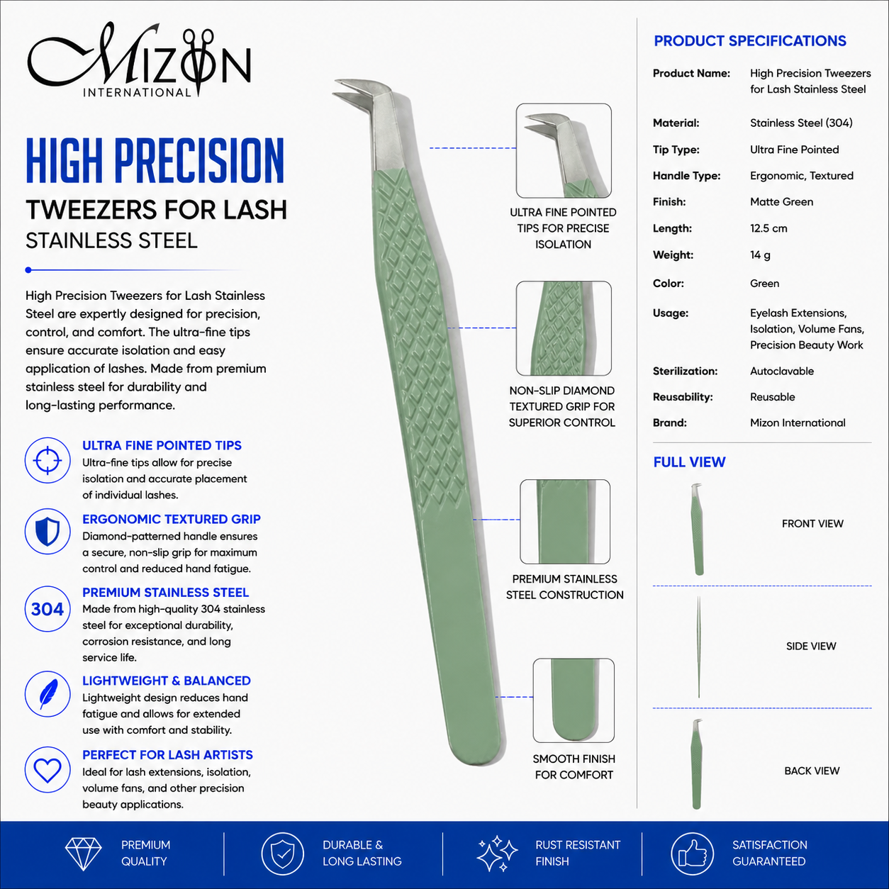 High Precision Green Lash Tweezers 12.5cm – Professional 304 Stainless Steel Eyelash Extension Tweezers | Ultra Fine Curved Tip | Mizon International