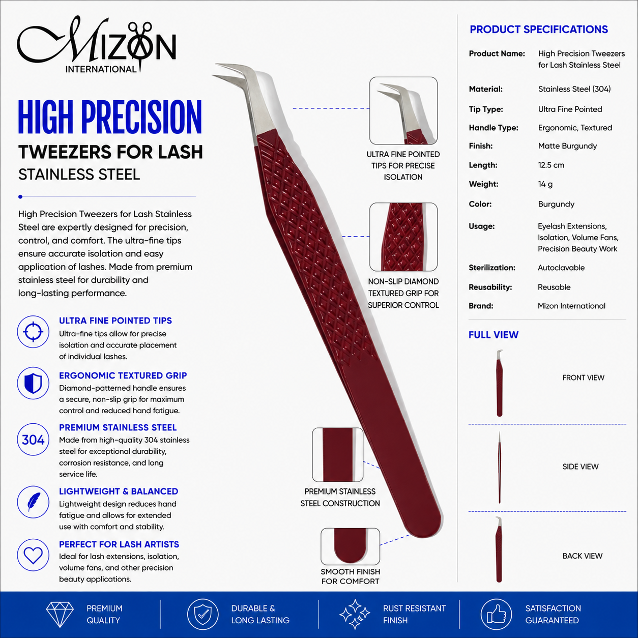 High Precision Burgundy Lash Tweezers 12.5cm – Professional 304 Stainless Steel Eyelash Extension Tweezers | Ultra Fine Curved Tip | Mizon International