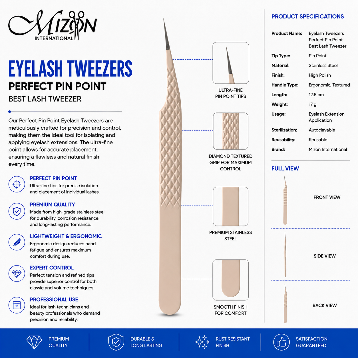 Professional Eyelash Tweezers Perfect Pin Point 12.5cm – Precision Stainless Steel Lash Extension Tweezers with Diamond Grip | Mizon International