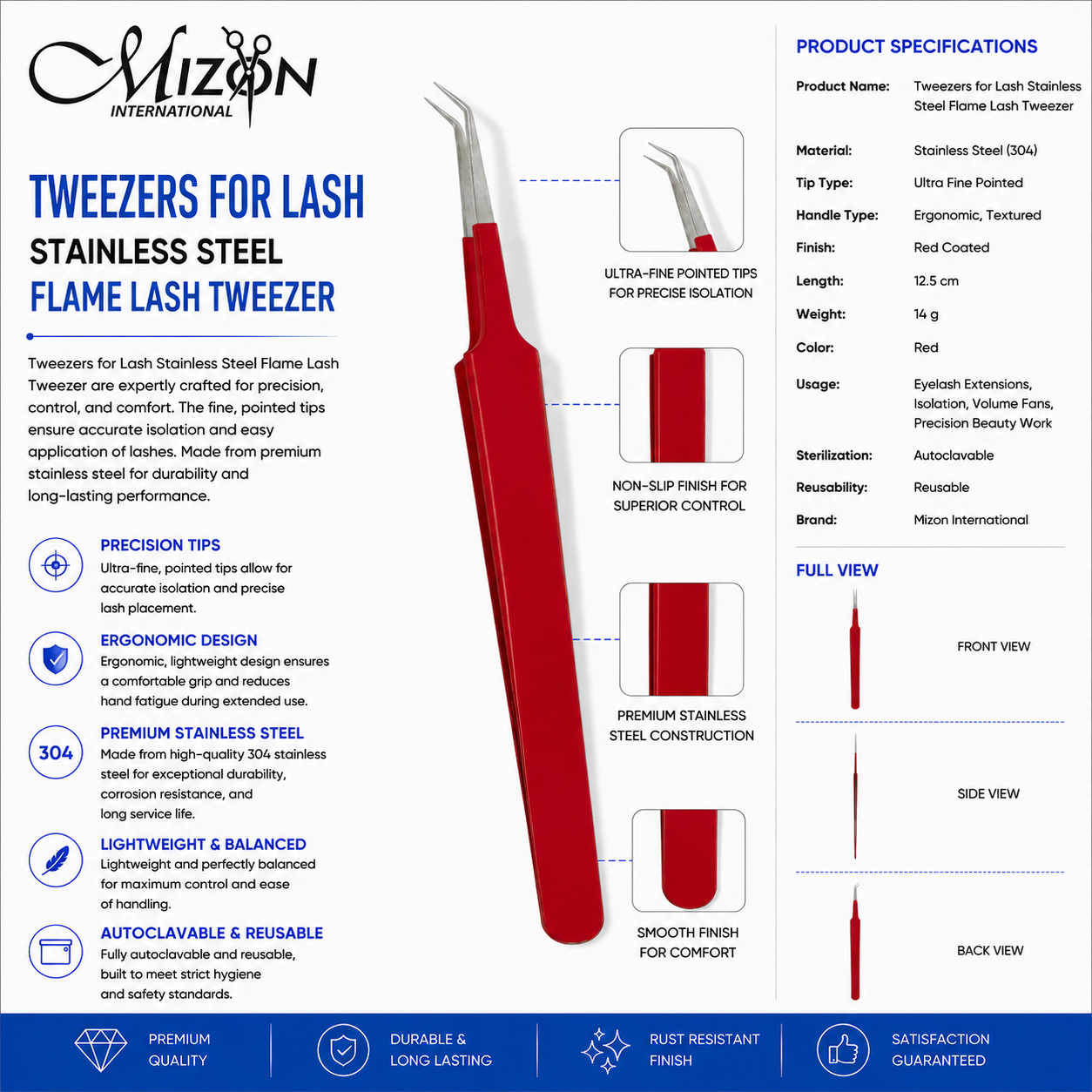 Professional Flame Lash Tweezers 12.5cm – Stainless Steel Precision Eyelash Extension Tweezers | Curved Fine Tip | Mizon International