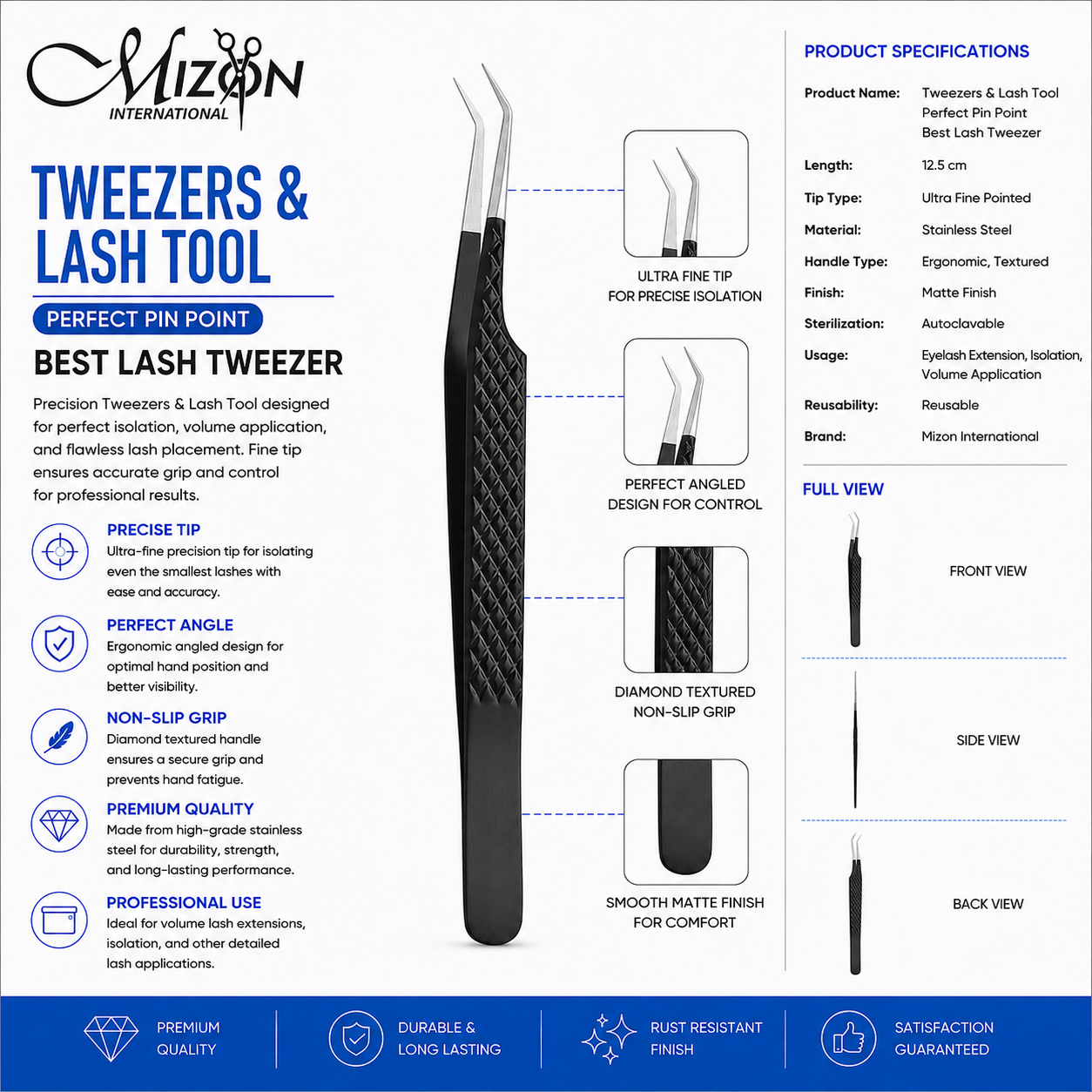 Professional Tweezers & Lash Tool 12.5cm – Perfect Pin Point Eyelash Extension Tweezers | Ultra Fine Angled Tip | Stainless Steel | Mizon International