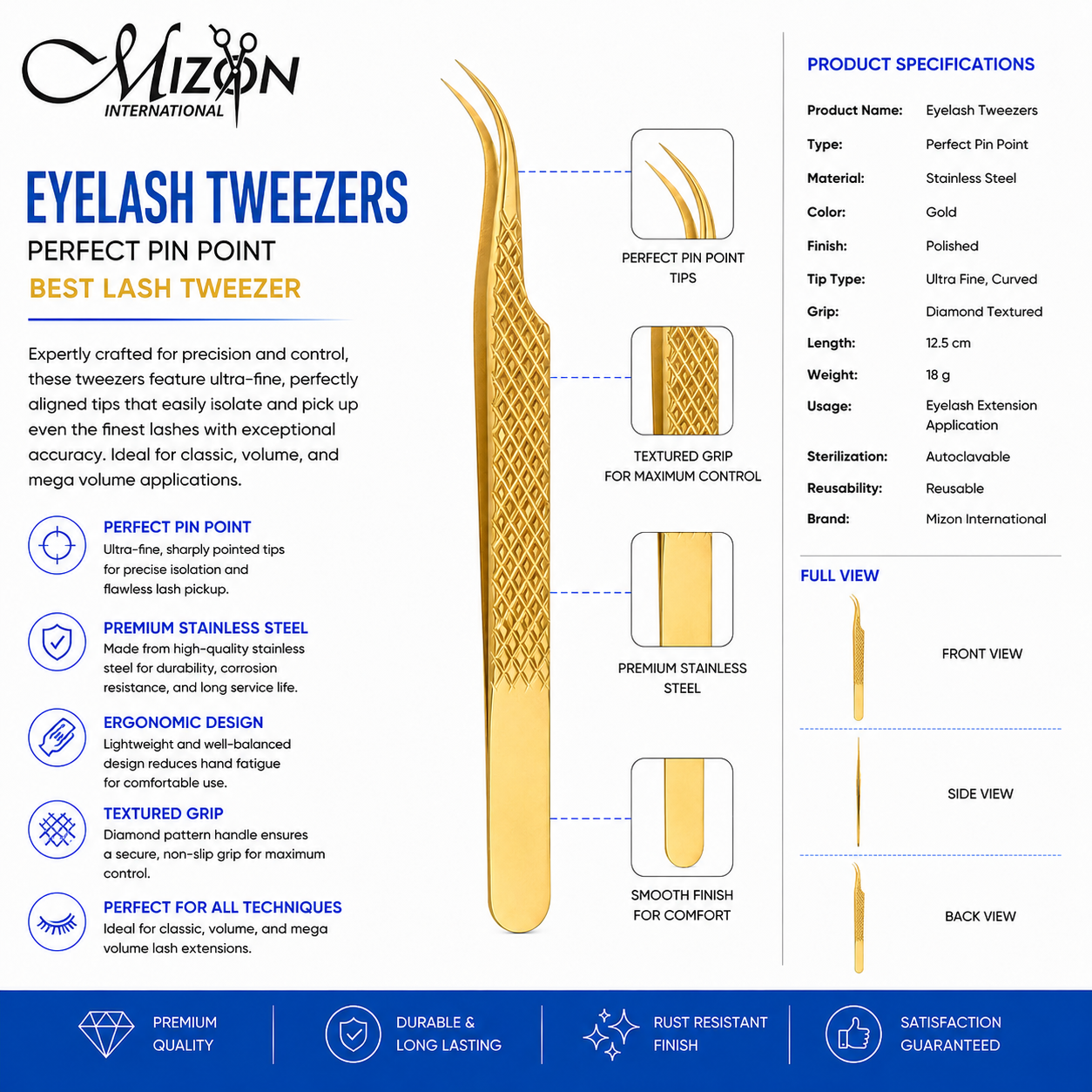 Gold Curved Eyelash Tweezers 12.5cm – Professional Perfect Pin Point Lash Extension Tweezers | Stainless Steel | Mizon International
