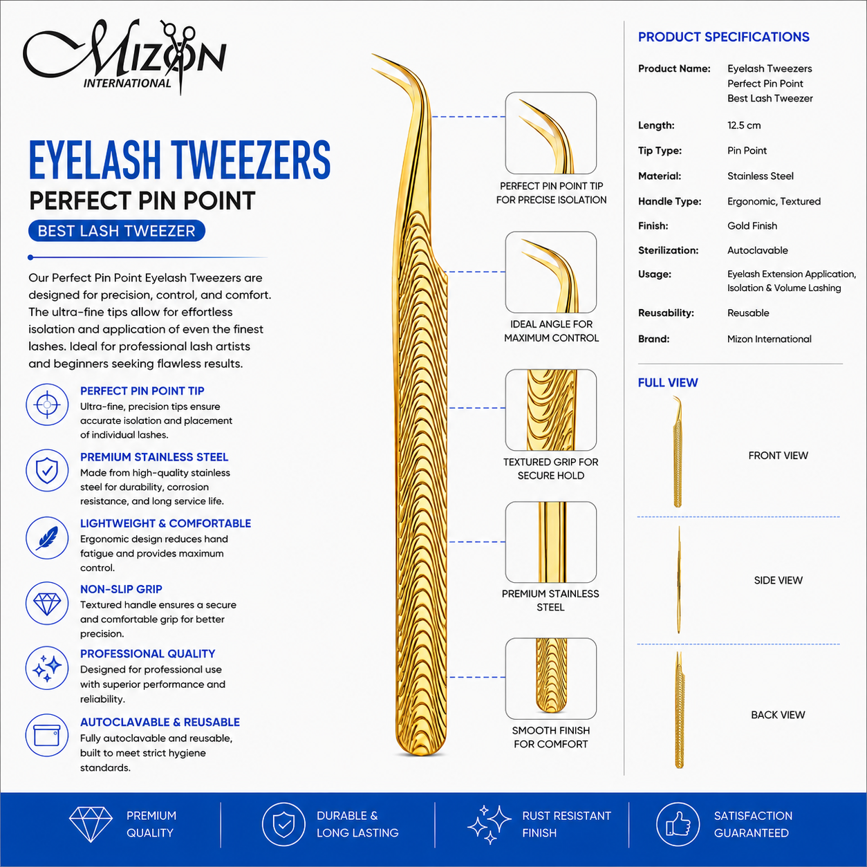 Gold Curved Eyelash Tweezers 12.5cm – Professional Pin Point Lash Extension Tweezers | Stainless Steel | Mizon International
