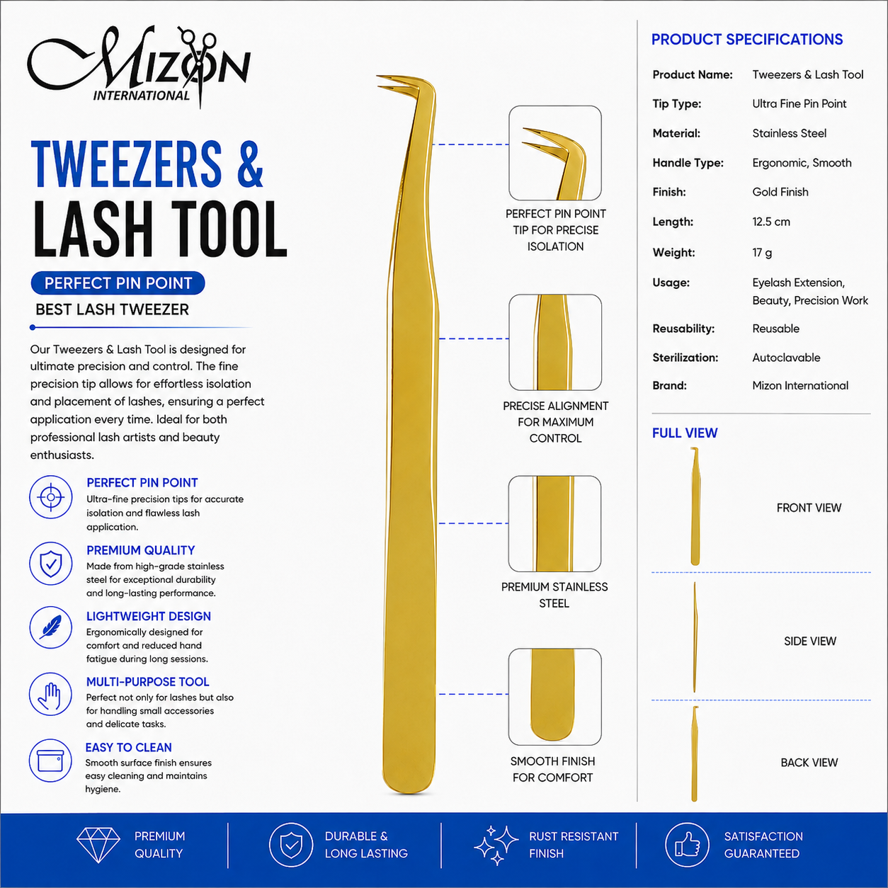 Gold Precision Lash Tweezers – Professional Stainless Steel Eyelash Extension Isolation Tweezers | Ultra Fine Pin Point | Mizon International