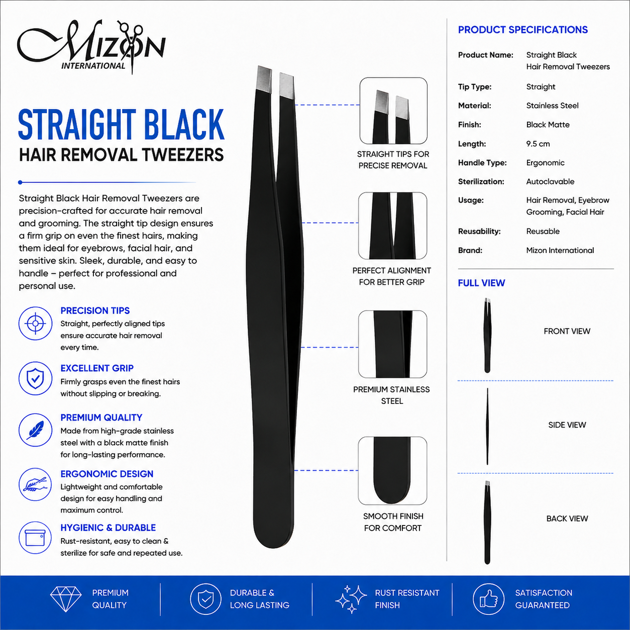 Straight Tip Black Tweezers for Hair Removal – Professional Stainless Steel Eyebrow Tweezers | Matte Black | Mizon International