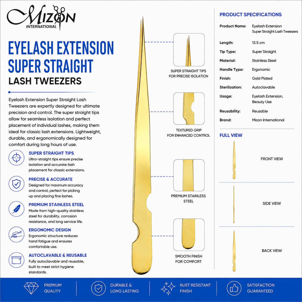 Gold Super Straight Lash Tweezers – Professional Eyelash Extension Tweezers | Gold Plated Stainless Steel | Mizon International