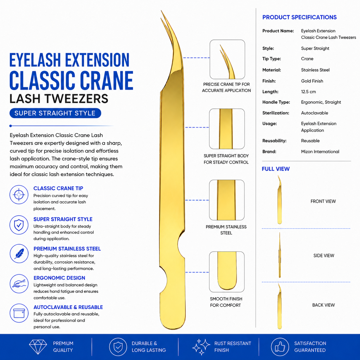 Gold Classic Crane Lash Tweezers – Professional Eyelash Extension Tweezers | Gold Stainless Steel Precision Isolation Tool | Mizon International