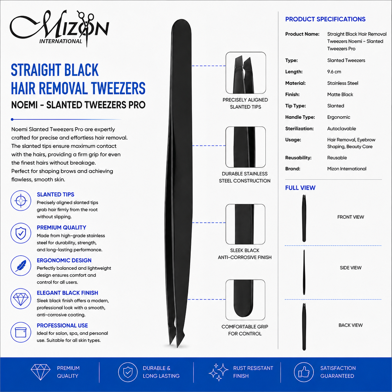 Straight Black Slanted Hair Removal Tweezers – Professional Eyebrow Tweezers | Matte Black Stainless Steel | Noemi Slanted Tweezers Pro | Mizon International