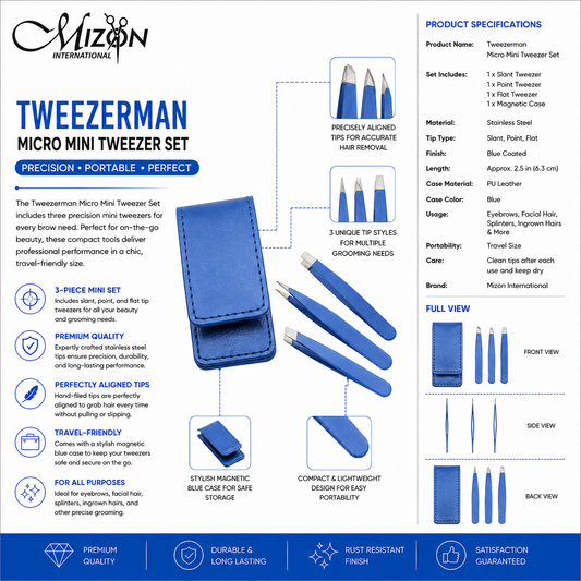 Tweezerman Micro Mini Tweezer Set – 3 Piece Stainless Steel Precision Eyebrow & Facial Hair Tweezers with Magnetic Leather Case | Blue