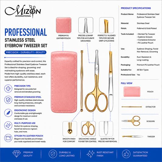 Professional Stainless Steel Eyebrow Tweezer Set with Scissors, Comedone Extractor & PU Leather Pouch | Precision Grooming Kit