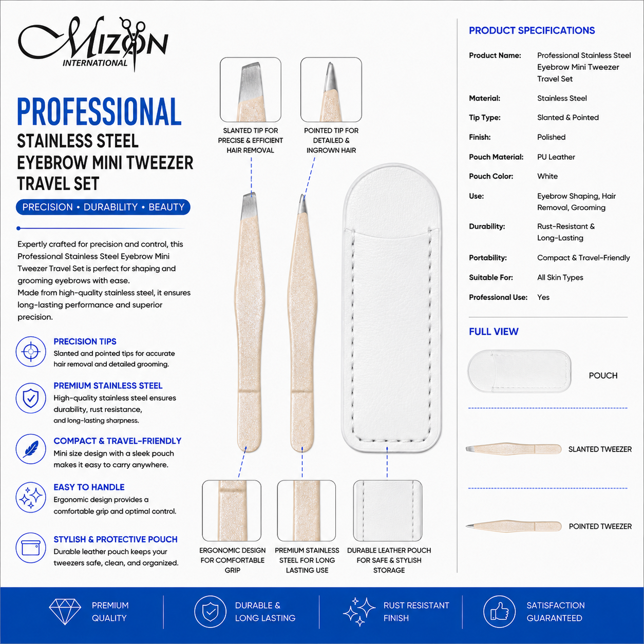 Professional Stainless Steel Eyebrow Mini Tweezer Travel Set – Slanted & Pointed Precision Tweezers with PU Leather Pouch